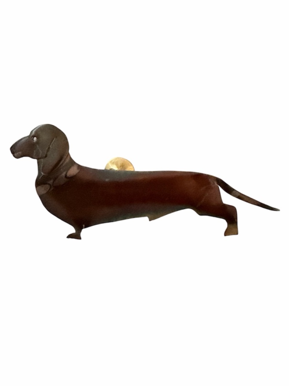 Vintage Mid-Century Brown Metal Hand Painted Dachshund Brooch / Pin